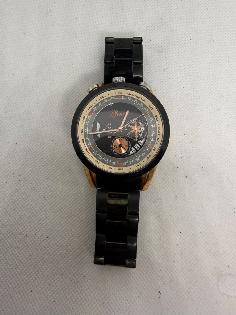 Genoa Men's 46mm Ion-Plated Black SS Multi-Function Quartz Date Bracelet Watch